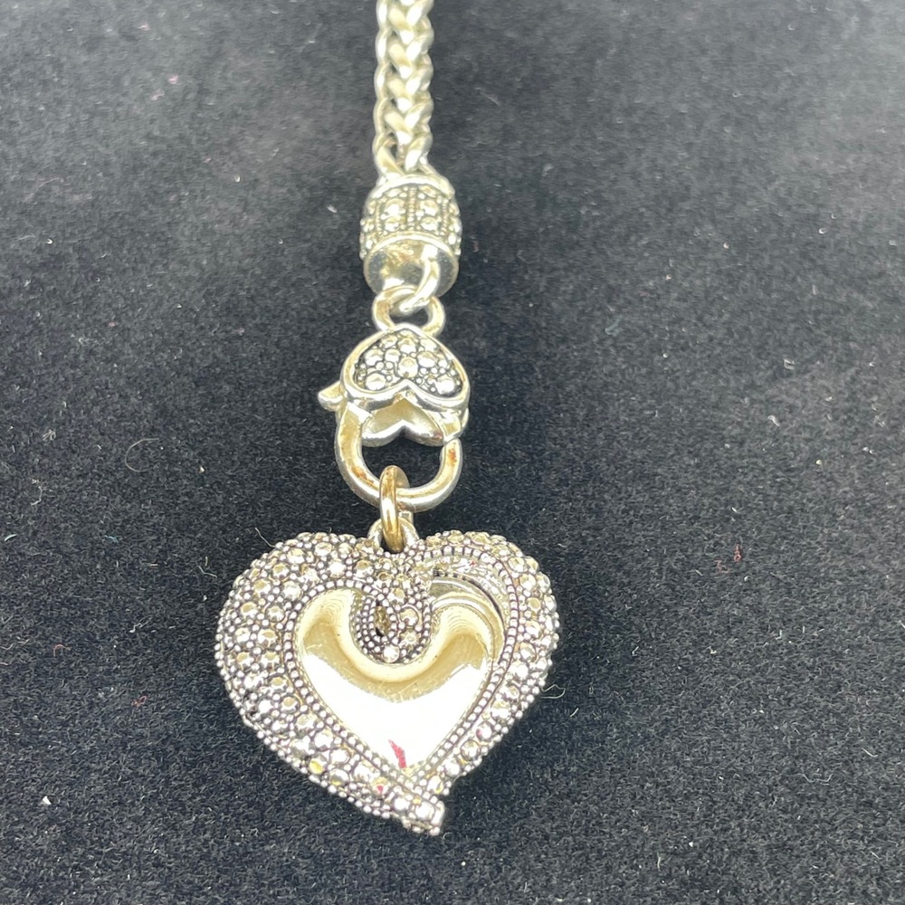 Brighton Heart Charm Wheat Chain Bracelet Silver Tone Ornate Braided 7.5 Inch - Picture 2 of 5